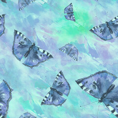 abstract seamless watercolor background with blue, turquoise butterflies. Handmade illustration. . Multicolored butterfly urticaria. Composition with rainbow butterfly. abstract paint splash 