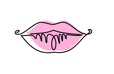 Modern minimalistic one line drawing of female lips. Linear picture, hand drawing, doodle