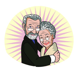 An elderly couple, grandparents hug and smile. Family, generation, isolated drawing 