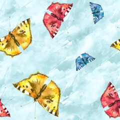 abstract seamless watercolor background with butterflies. Handmade illustration. . Multicolored butterfly urticaria. Composition with rainbow butterfly. abstract paint splash 
