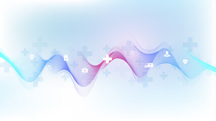 Minimal health care banner template with flat icons. Healthcare medicine concept. Medical innovation technology pharmacy banner. Vector illustration.