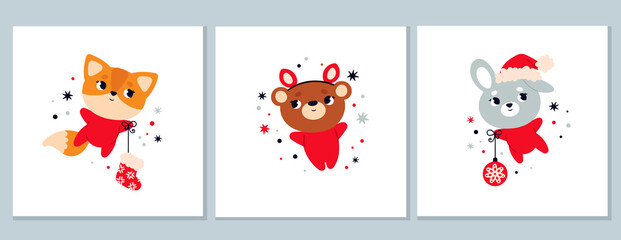 Christmas cards. Animals in New Year's red costumes