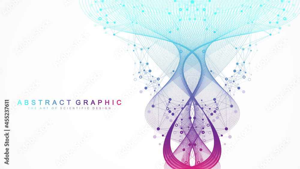 Poster Digits abstract background with connected line and dots, wave flow. Digital neural networks. Network and connection background for your presentation. Graphic polygonal background. Vector illustration