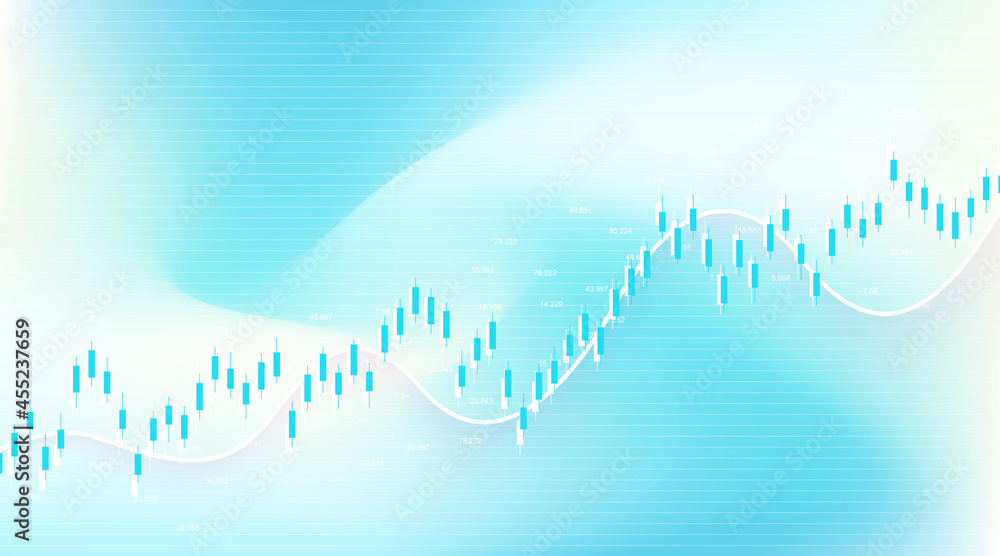 Poster Abstract financial chart with uptrend line graph and world map on black and white color background. Business Candle stick graph chart of stock market investment trading. Vector illustration