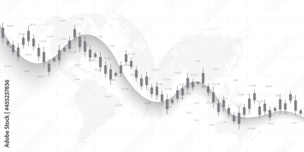 Poster Abstract financial chart with uptrend line graph and world map on black and white color background. Business Candle stick graph chart of stock market investment trading. Vector illustration