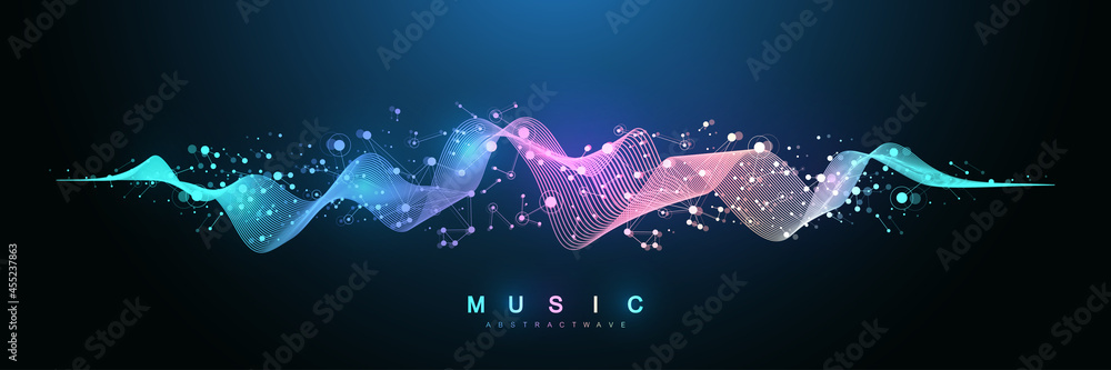 Aufkleber Music wave flow poster design with lines and dots. Sound flyer with abstract gradient line waves. Music abstract background. Vector concept.