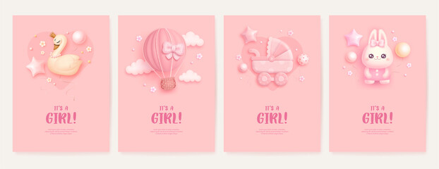 Set of baby shower invitation with cartoon swan, hot air balloon, baby carriage and rabbit on pink background. It's a girl. Vector illustration