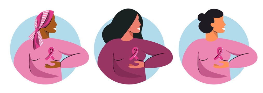 Breast Cancer Awareness Month October with diverse ethnic women group with pink support ribbon. Support ilness people. World cancer day or Pinktober concept. Vector illustration with female character