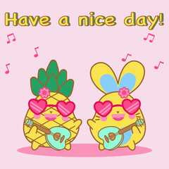 Have a nice day! Smiley bunny and chic pineapple wear big pink heart glasses, play heart guitar. What kind of music do you like? We will play for you. Let's relax and have fun together!