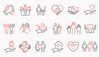 Charity line icon set. Collection of handshake, donate, heart, help and more. Editable stroke.