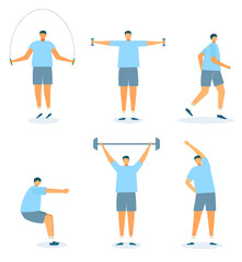 Fototapeta na wymiar Exercise set, vector illustration. Man character do fitness, isolated on white workout for healthy body. Athlete workout in morning, training activity