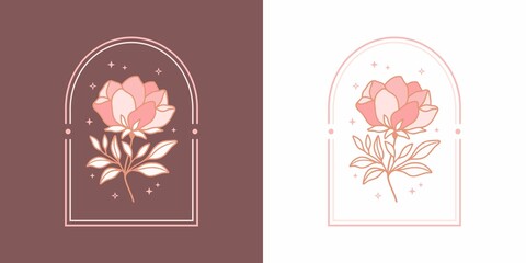 Vintage hand drawn feminine beauty floral logo elements with frame