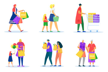 Fototapeta premium Woman man shopping, isolated on white set, vector illustration. Flat people character hold bag, person in store collection. Female daughter, mother