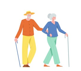 Couple old people man and woman with a cane walking outdoor. Vector illustration of elderly people, flat style.