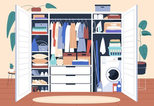 Decluttered wardrobe with organized storage of clothes, hanging on racks and folded on shelves. Inside open tidy closet with ordered stacks of things, garments, accessories. Flat vector illustration