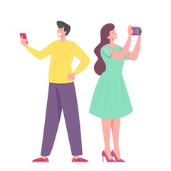 Happy funny couple man and woman with camera take pictures. Vector illustration.