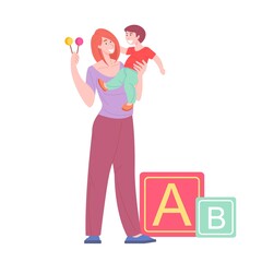 Female babysitter care kid, vector nanny character playing with child in kindergarten. Motherhood, mother with toddler in nursery, flat cartoon illustration. Preschool development