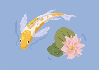 Gold Japanese koi fish swimming in pond with flower. Asian decorative tranquil carp in Japan water garden. Traditional Chinese spotty goldfish with lotus and leaf. Colored flat vector illustration