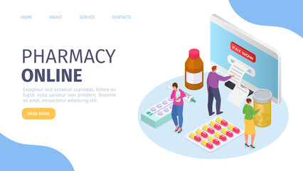Medical pharmacy online, isometric web page, vector illustration. Online technology for health, man woman character buy medicine in internet.
