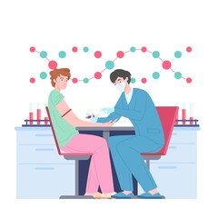 Physician takes sample from patient or donor at medical diagnostic center. Blood test and donating, doctor with syring. Lab service, health monitoring. Vector illustration.