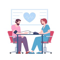 Female doctor cardiologist measure blood pressure, male patient at physicians office at cardiologist. Medical adviser monitoring health condition, vector illustration