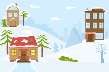 Winter holiday landscape with snow, vector illustration. Town house at christmas time, city street with home background. Flat building