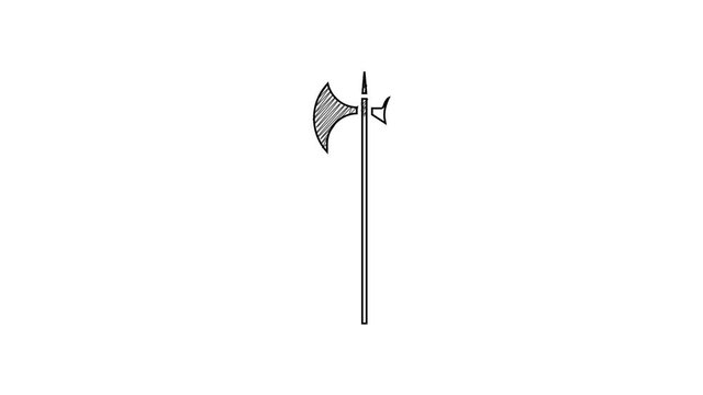 Black line Medieval halberd icon isolated on white background. Medieval weapon. 4K Video motion graphic animation