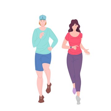 Athletic jogging couple in sportswear. Running pair woman and man training to together. Flat vector cartoon illustration.