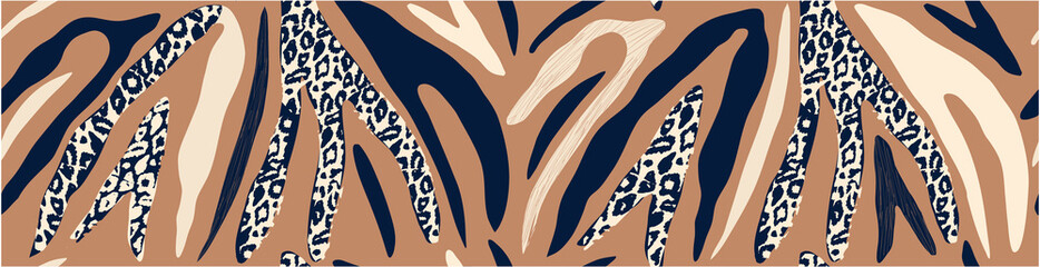 Modern striped shapes with leopard print seamless pattern. Hand drawn trendy abstract print. Creative collage seamless pattern.  © MURRIRA