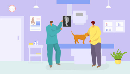 Obraz na płótnie Canvas Vet medical care for dog, vector illustration. Pet at veterinary clinic, medicine treatment for domestic animal. Vet doctor character show x-ray