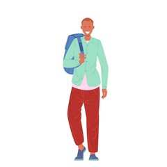 Male student or schoolboy walking with backpack flat vector illustration.