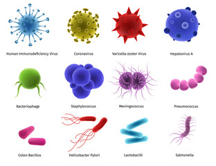 Virus microbe, isolated on white biology set, vector illustration. Organism illness hiv, coronavirus, staphylococcus bacteria collection.