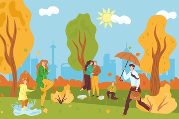 Obraz na płótnie Canvas Park at autumn, vector illustration. Cartoon people woman man character walk at nature landscape, girl play in puddle. Happy couple