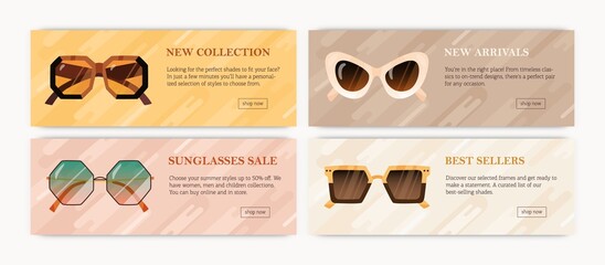 Set of advertising promotion banners with modern sunglasses. Designs of horizontal background with trendy sun glasses. Ad templates with fashion eyewear. Colored flat vector illustration of promo
