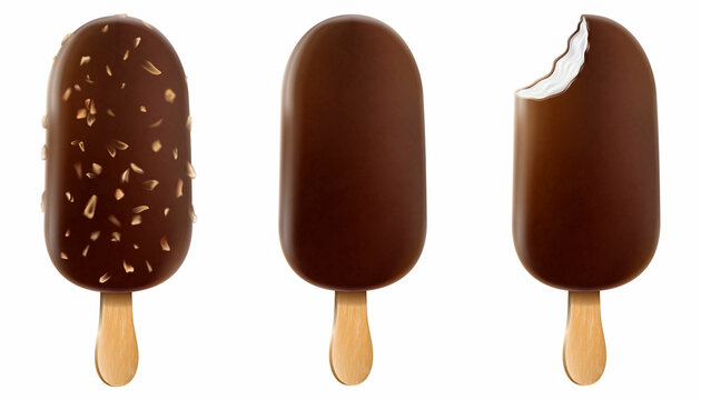 Set of ice cream with chocolate glaze, and nuts on a stick. Realistic vector set with chocolate popsicle on a stick , whole and bitten with filling. Vector food posters and summer banners.