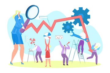 Business analytics, vector illustration. Man woman people character stand near financial graph, work for company balance. Team try boost capital