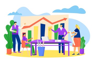 Business teamwork, people near graph, vector illustration. Businessman, woman character work with finance diagram up concept.