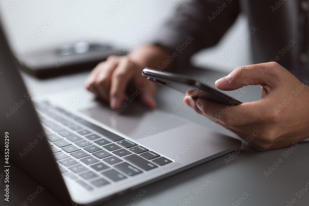 Poster businessman working with devices. student using laptop computer and mobile smart phone, business con