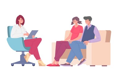 Married young couple at psychologist's appointment. Marriage crisis, conflict, relationship problem. Flat cartoon vector illustration of family psychotherapy.