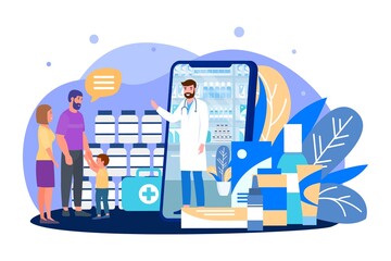 Buy medicine online, vector illustration. Pharmacy in huge smartphone, flat family character use mobile app with man doctor from device
