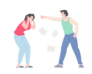 Fototapeta premium Family bullying concept. Domestic violence, violence against women. an attacked woman yells. Flat cartoon character vector illustration.