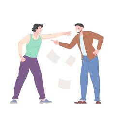 Social bullying concept between office workers. Young people argue among themselves, accusing each other. Vector illustration.
