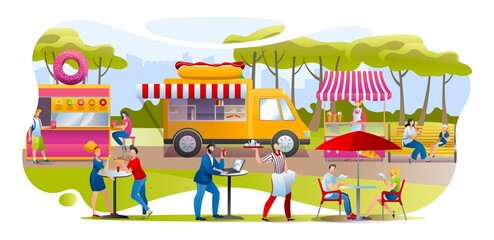 Streetfood in park, vector illustration. Man woman people character eating donuts, hot dog and ice cream outdoor, flat festivale with foodtruck cafe