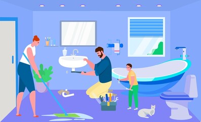Household work with family, vector illustration. Woman character clean up house bathroom, father and son repairing sink together.