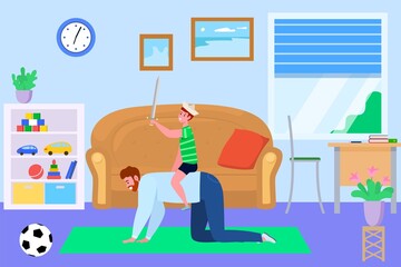 Father son spend time together, vector illustration. Family man child people character have fun at home, happy parent give horseback ride little kid.