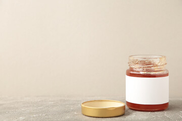 Jam jars mock-up. Jars with blank label on grey with copy space.