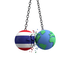 Thailand flag ball hits planet earth. Environmental impact concept. 3D Render