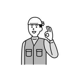 大工さんのイラスト上半身　モノクロ黒一色