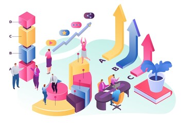 Isometric teamwork, people near growth chart, vector illustration. Flat man woman character business team with professional analytics.