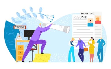 Job interview recruitment, vector illustration. Man woman people character look for employment, flat business hr worker searching candidate